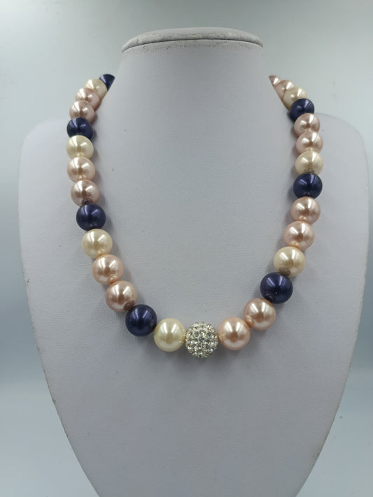 Halskette mit Perlen in Creme Rosa Blau und Strass Kugel eleganter Schmuck