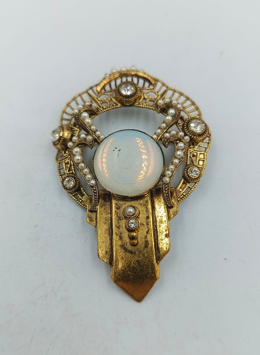 Antike Brosche vergoldet mit Perlen und Glasstein im Vintage Stil