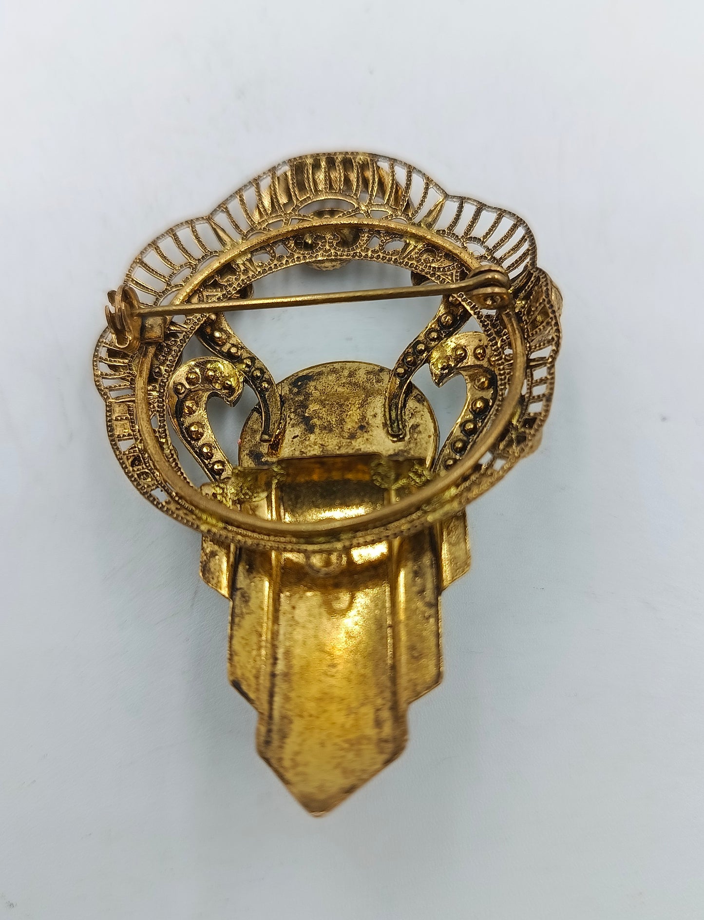 Antike Brosche vergoldet mit Perlen und Glasstein im Vintage Stil