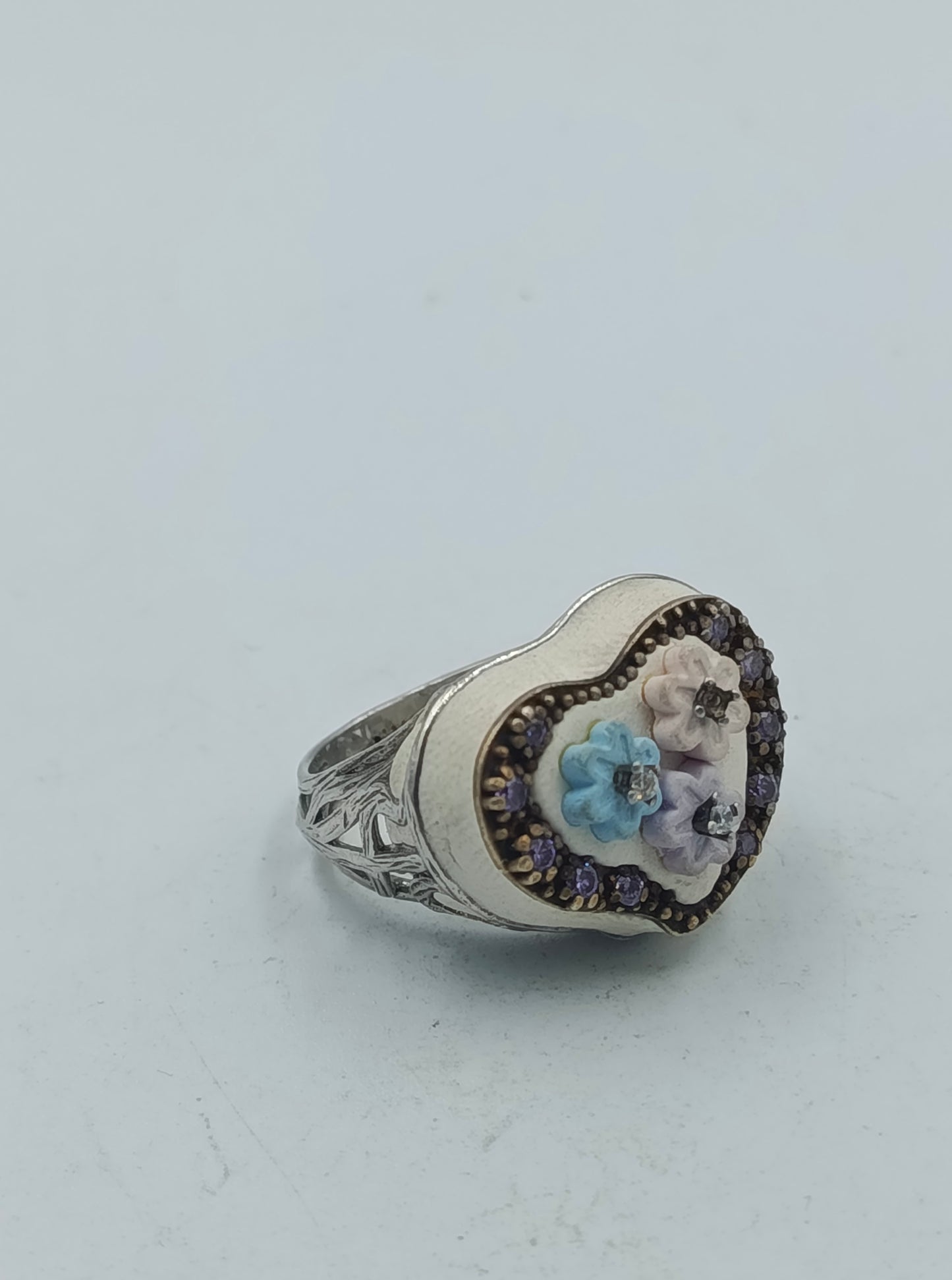 925 Silber Ring Herzform Blumen Zirkonia bunt Gr53 Vintage Schmuck