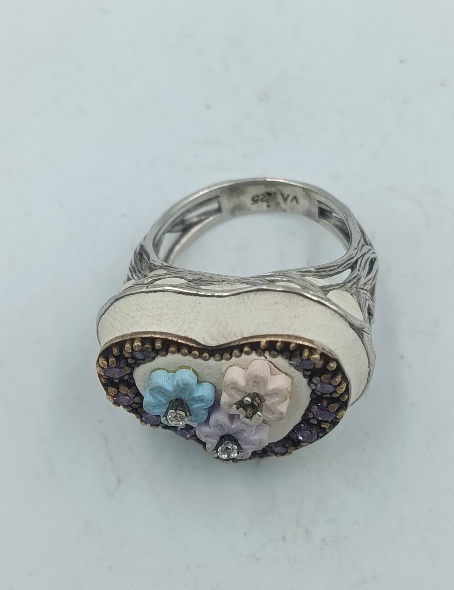 925 Silber Ring Herzform Blumen Zirkonia bunt Gr53 Vintage Schmuck