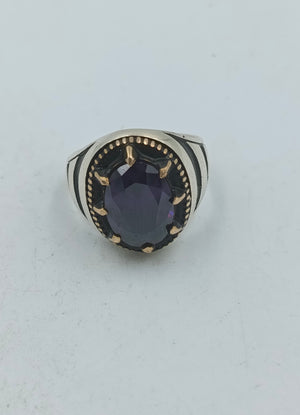 Silber Herrenring Lila Stein Antik Stil Gold Akzent Gr62 Elegant
