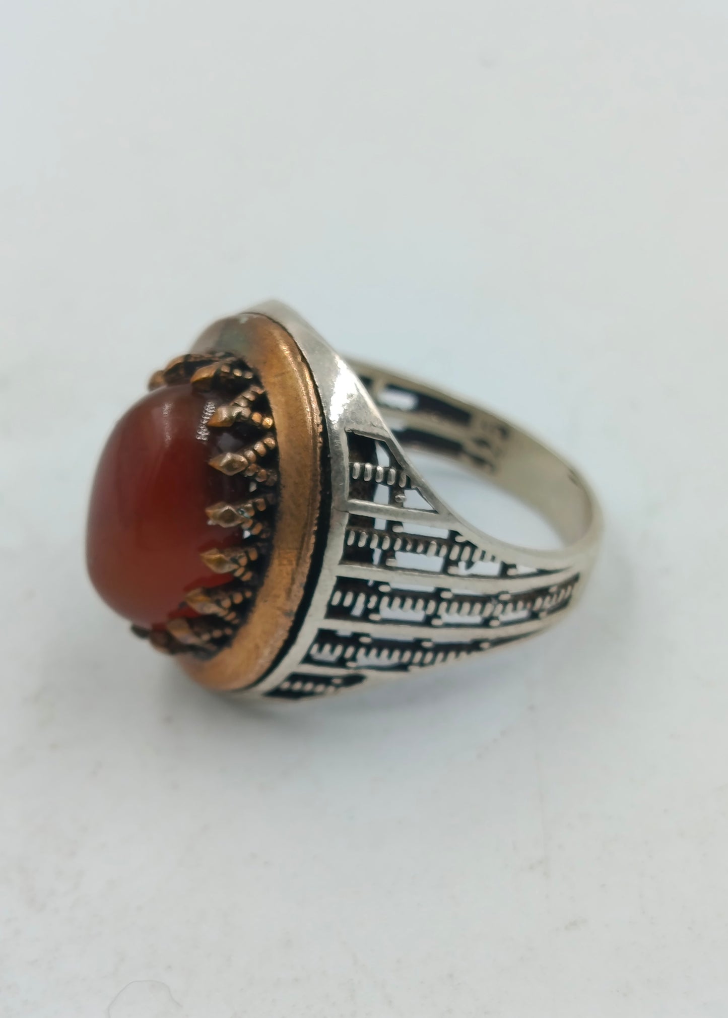 925 Silber Herrenring Brauner Stein Antik Gold Akzent Gr60 Orientalisch