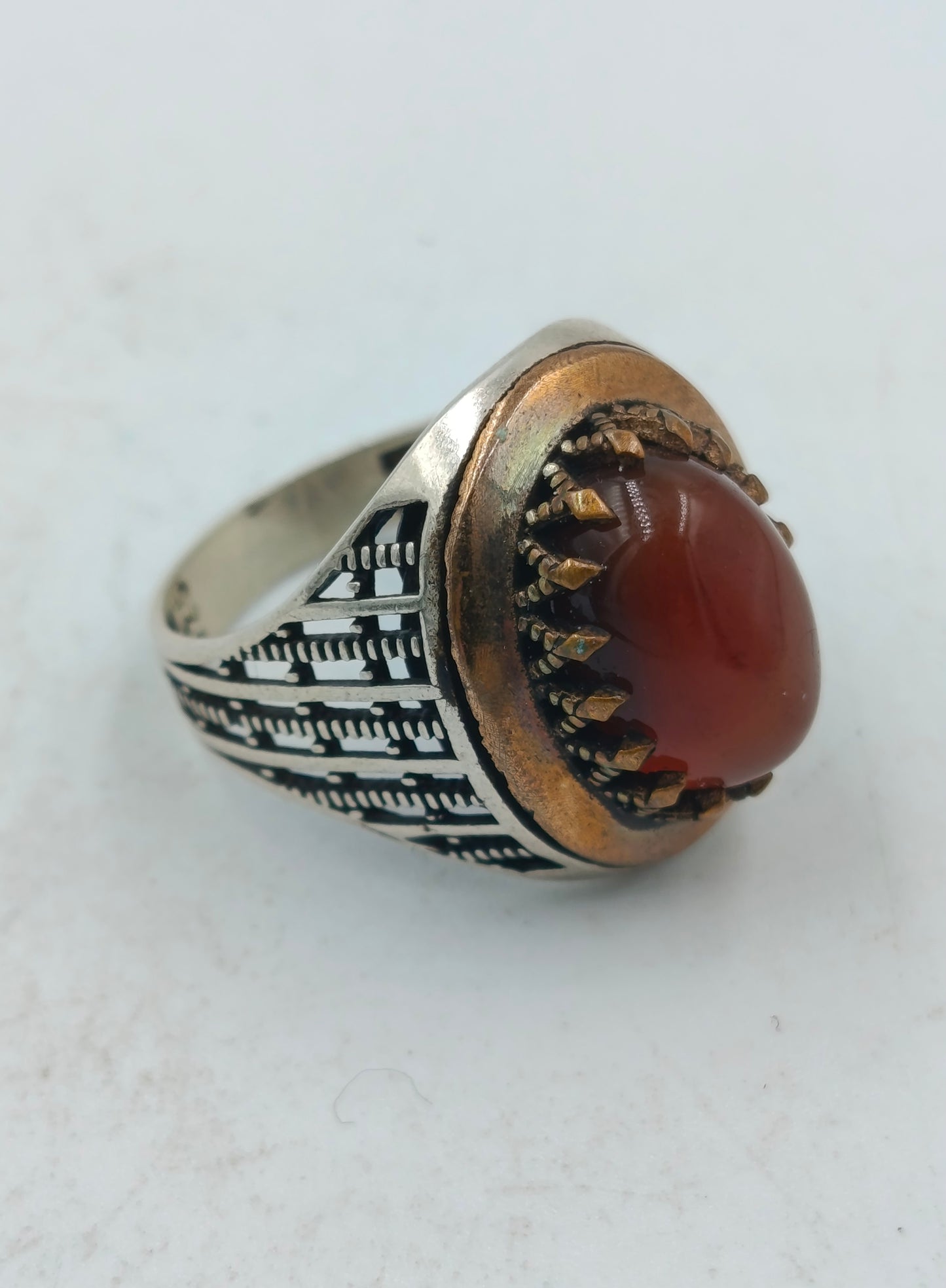 925 Silber Herrenring Brauner Stein Antik Gold Akzent Gr60 Orientalisch