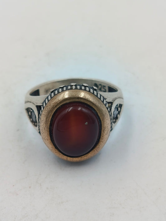 925 Silber Herrenring mit Braunen Stein Antik Design Gr63