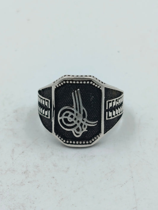925 Silber Herrenring mit Tughra Gravur Schwarzes Design Gr66