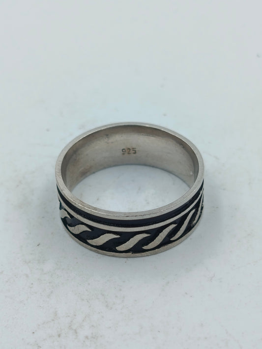 925 Silber Herrenring mit Schwarzem Muster Gr62 Klassisch Schlicht