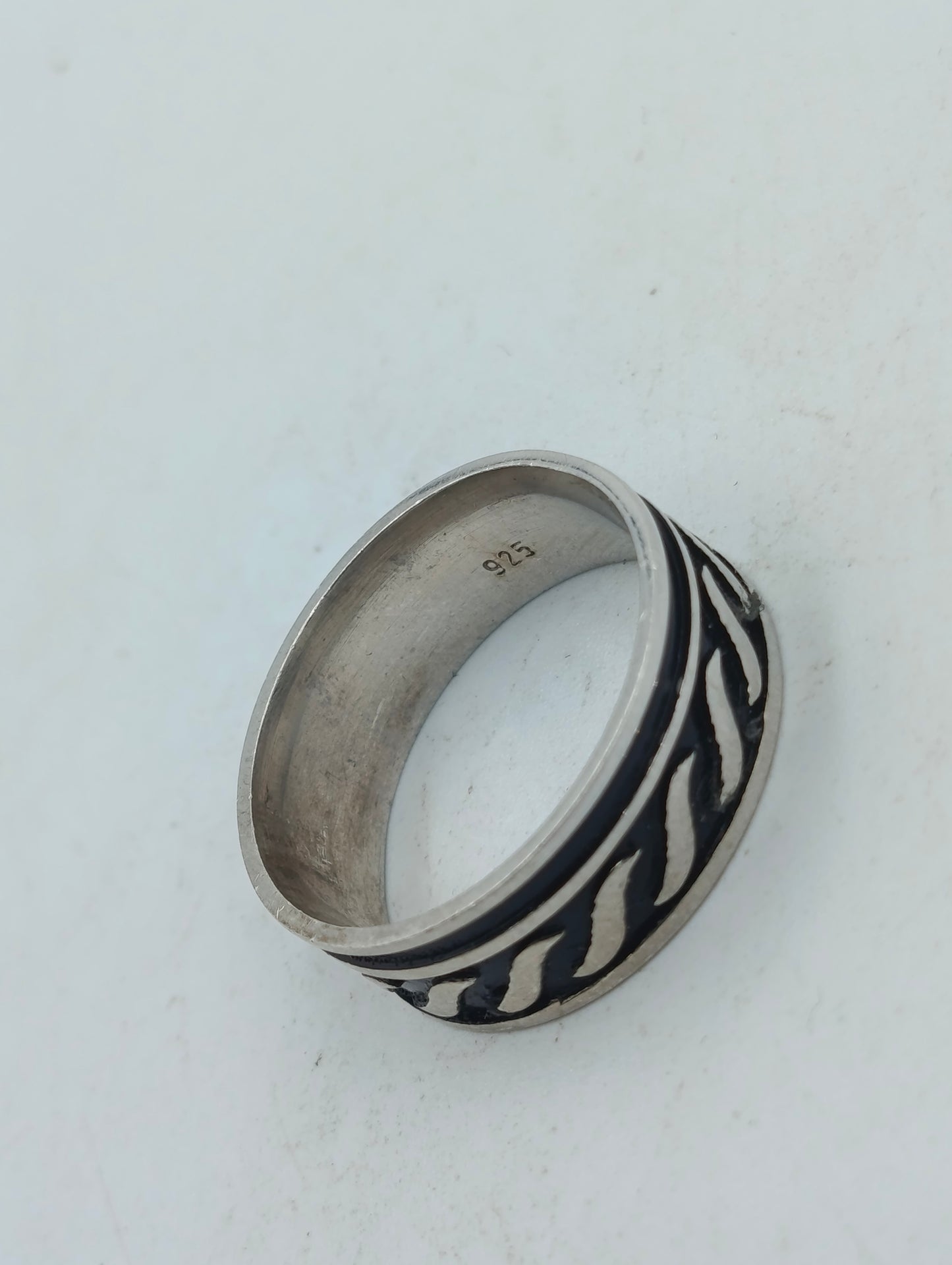 925 Silber Herrenring mit Schwarzem Muster Gr62 Klassisch Schlicht