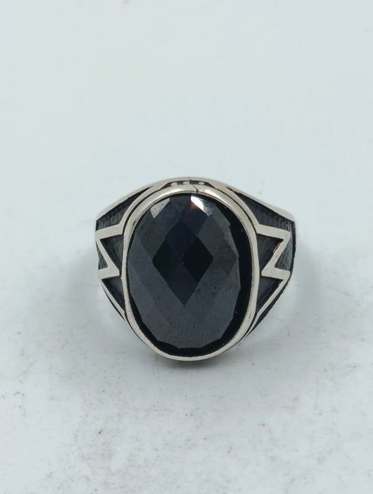 925 Silber Herrenring mit Schwarzem Facettierten Stein Gr65 Modern Elegant