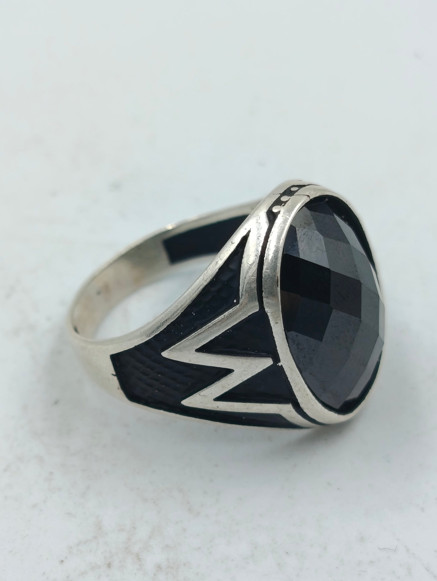 925 Silber Herrenring mit Schwarzem Facettierten Stein Gr65 Modern Elegant