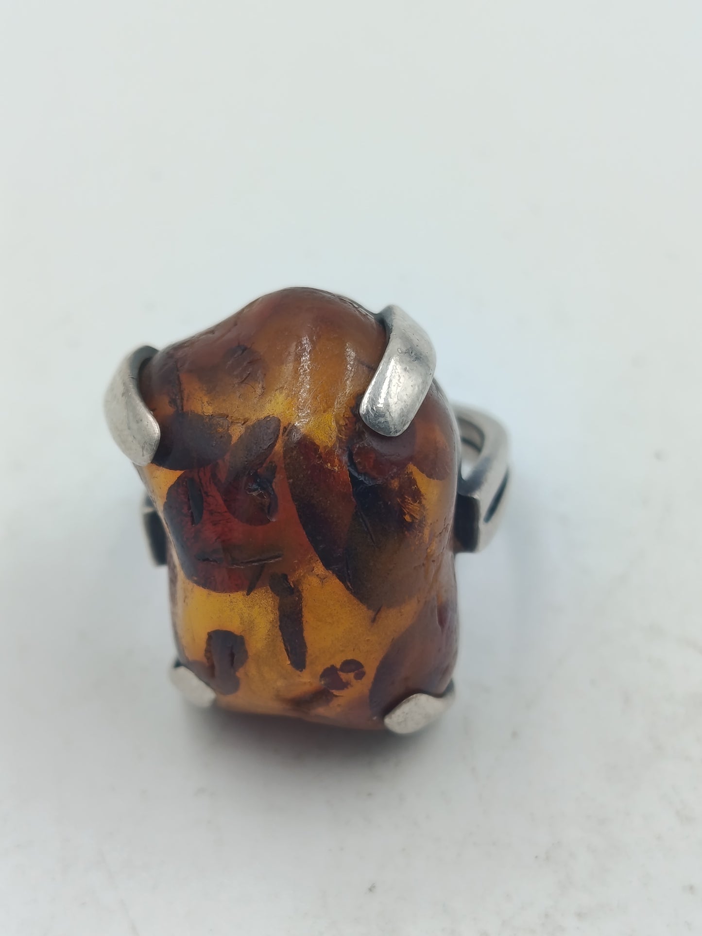 925 Silber Ring mit großem Bernstein Modern Handgefertigt