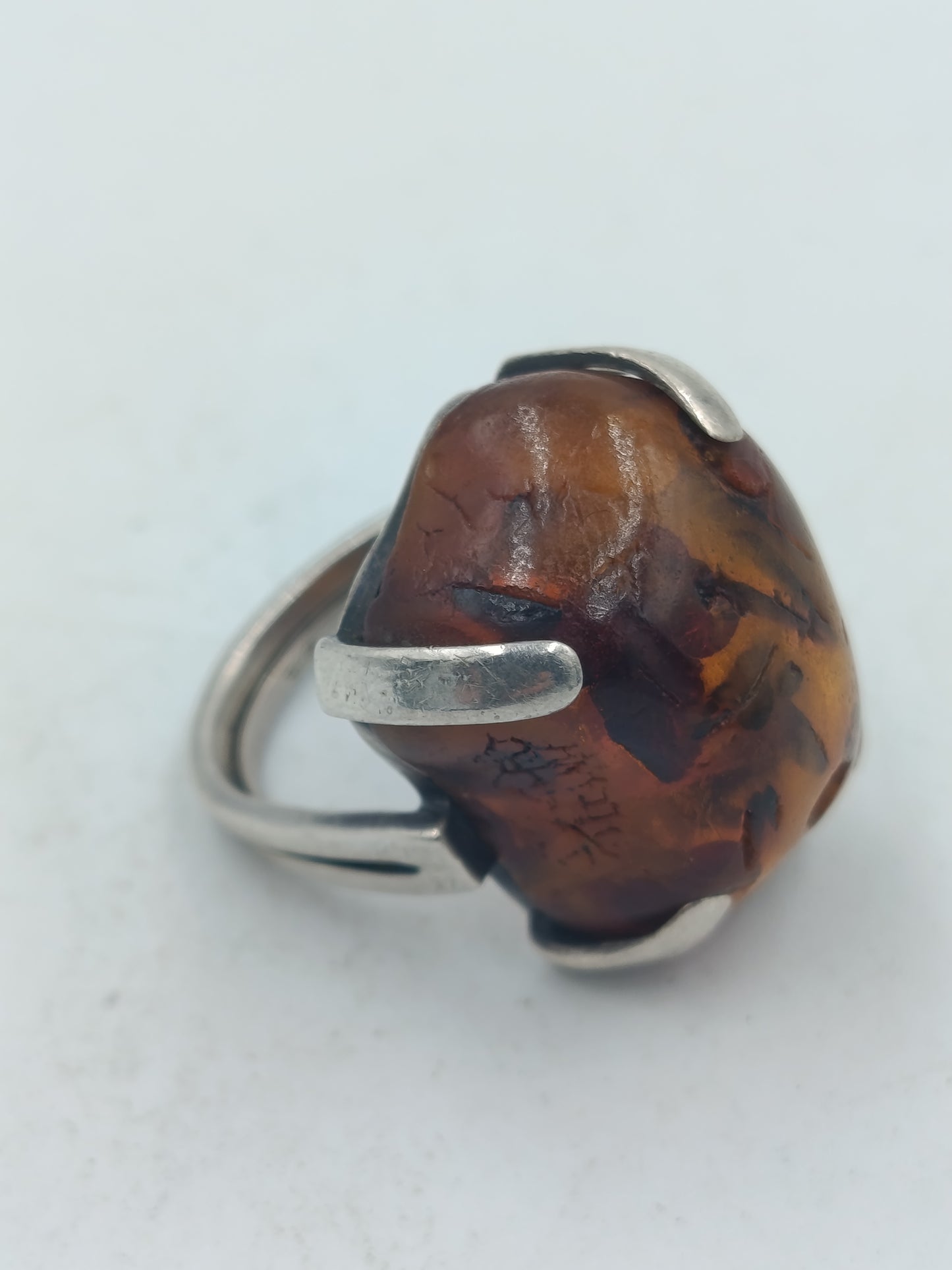 925 Silber Ring mit großem Bernstein Modern Handgefertigt