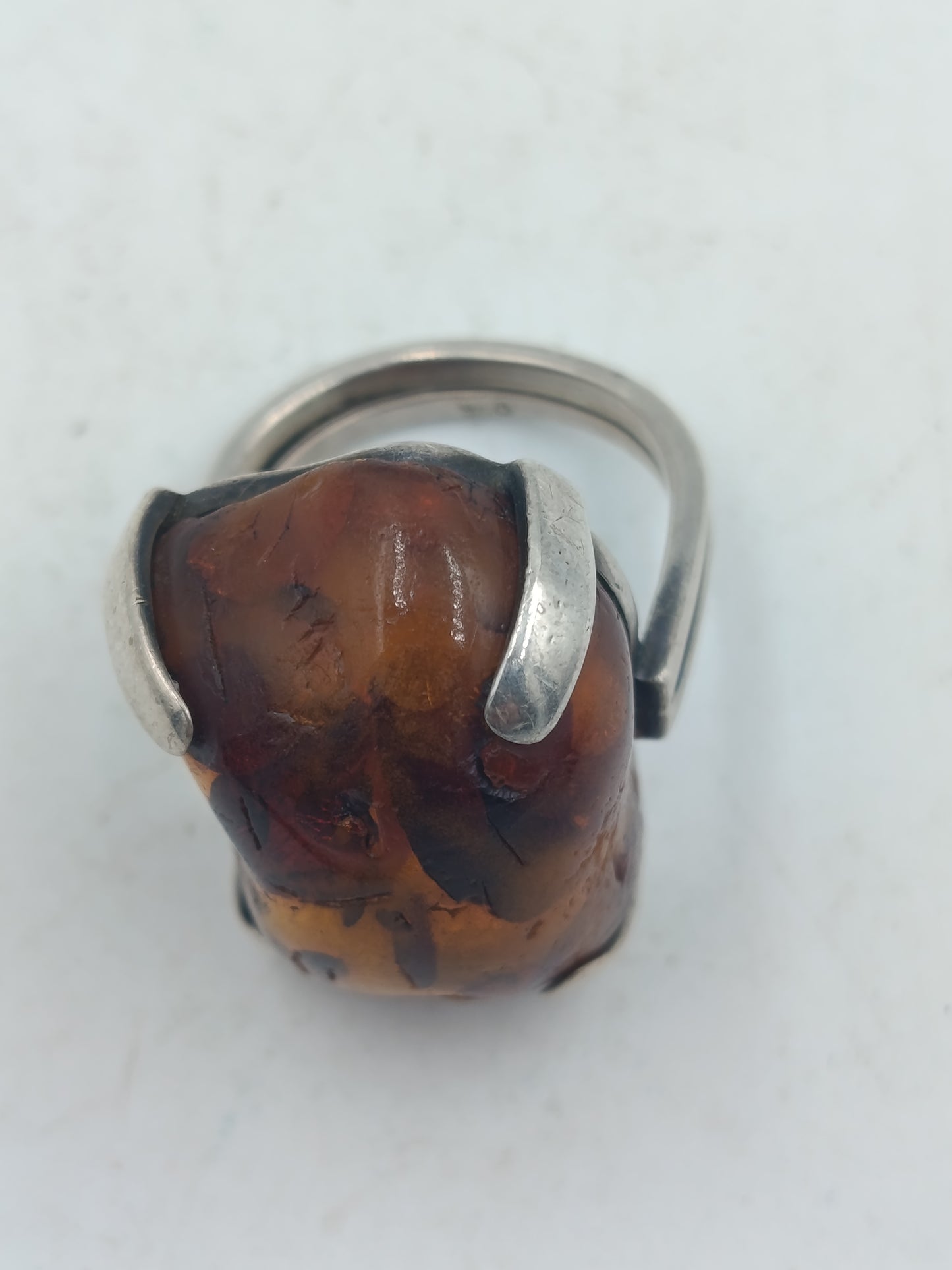 925 Silber Ring mit großem Bernstein Modern Handgefertigt