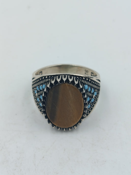 925 Silber Ring Tigerauge Orientalisch Vintage Verziert Gr 65