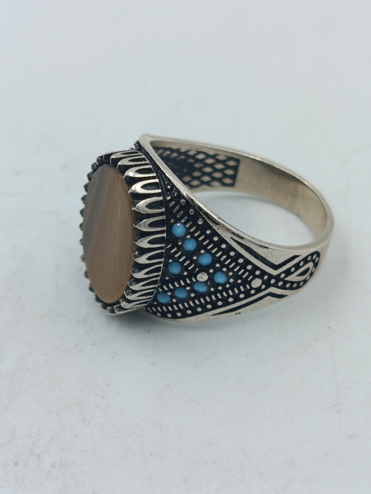 925 Silber Ring Tigerauge Orientalisch Vintage Verziert Gr 65
