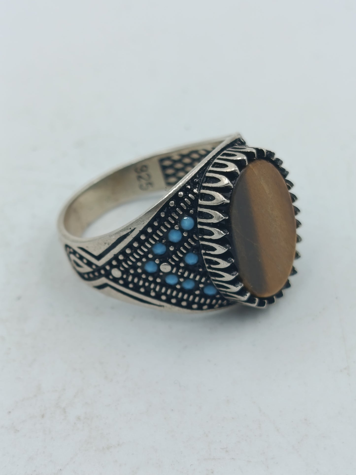 925 Silber Ring Tigerauge Orientalisch Vintage Verziert Gr 65