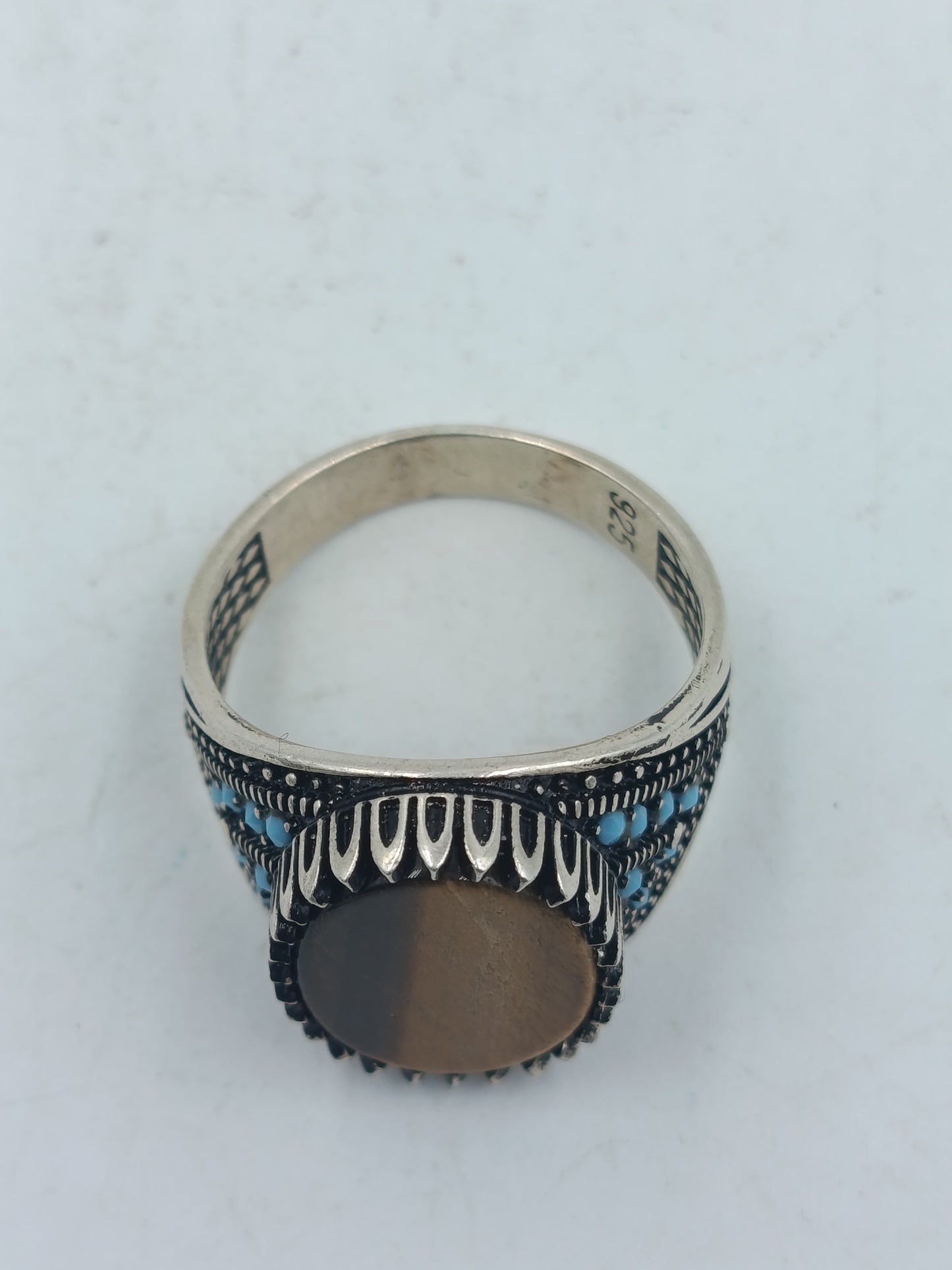 925 Silber Ring Tigerauge Orientalisch Vintage Verziert Gr 65