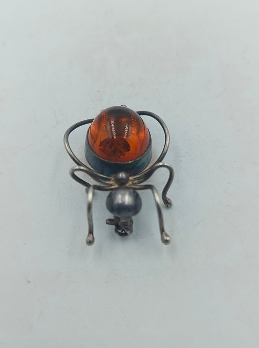 925 Silber Liebevoll gefertigte Bernstein Insektenbrosche