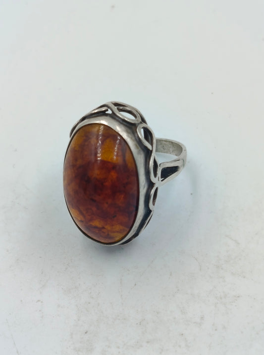 925 Silber Ring mit großem Bernstein-Look Stein