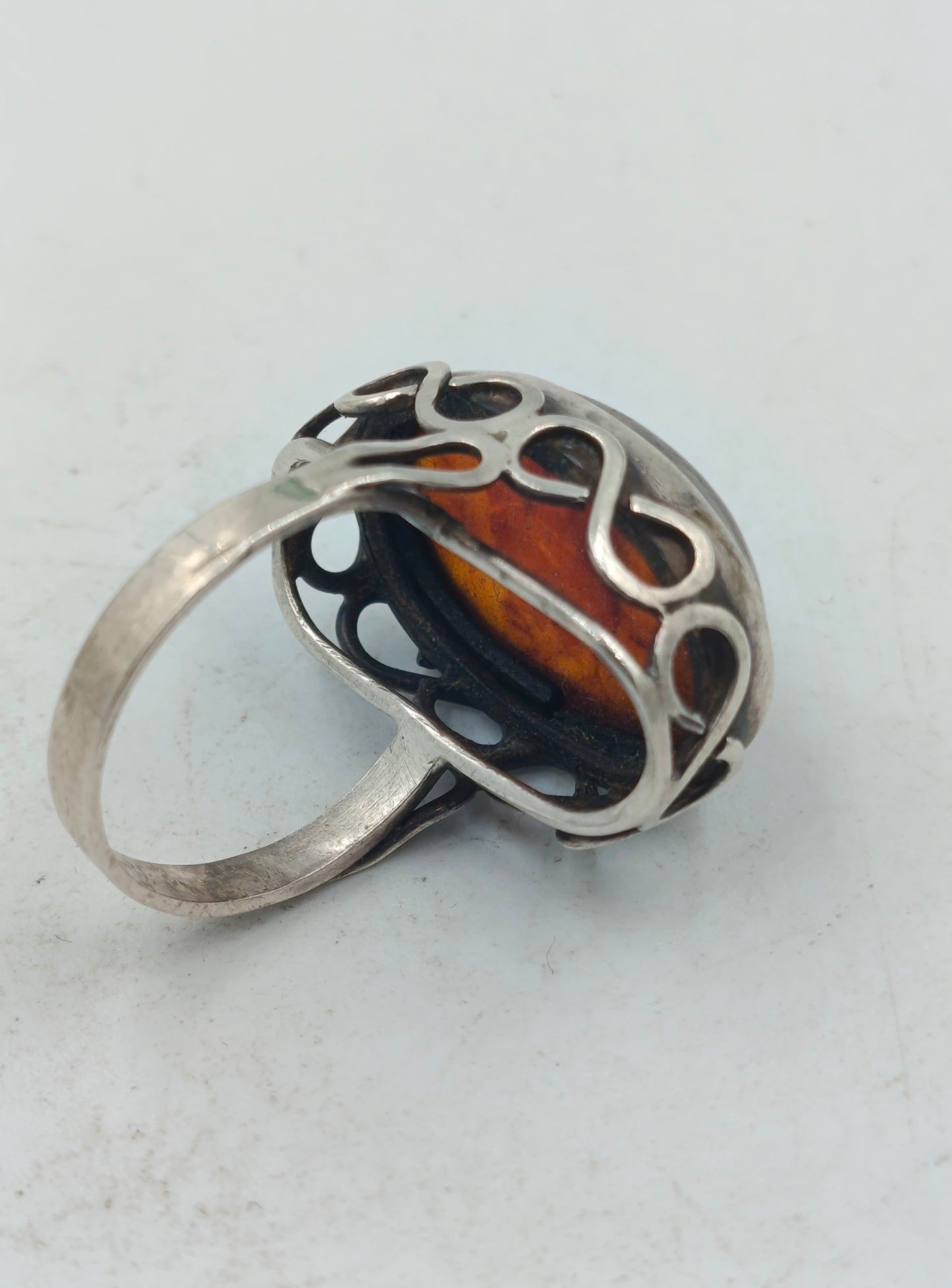 925 Silber Ring mit großem Bernstein-Look Stein