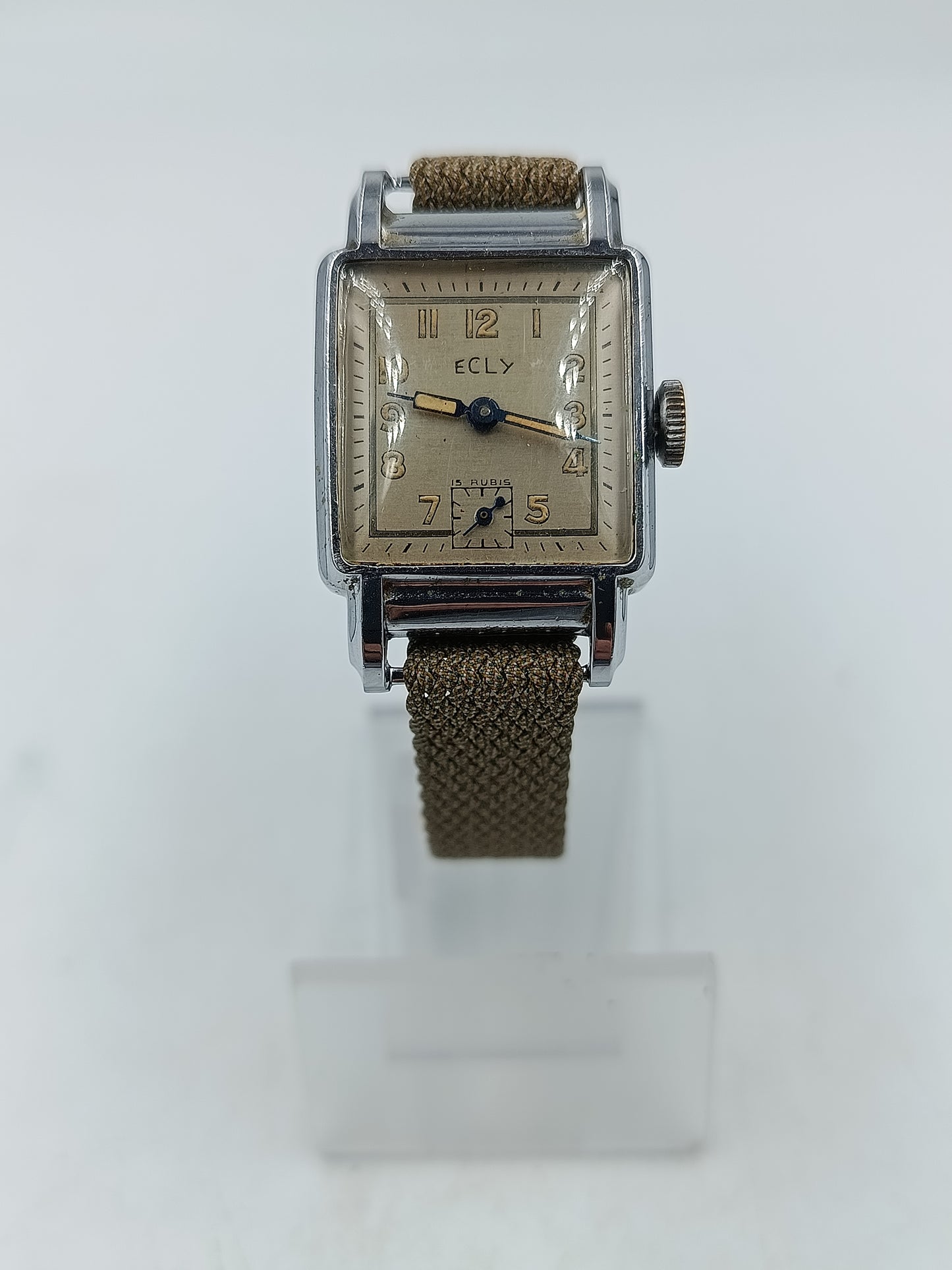 Vintage Damen Armbanduhr Ecly mit eckigem Retro Zifferblatt und Stoffarmband