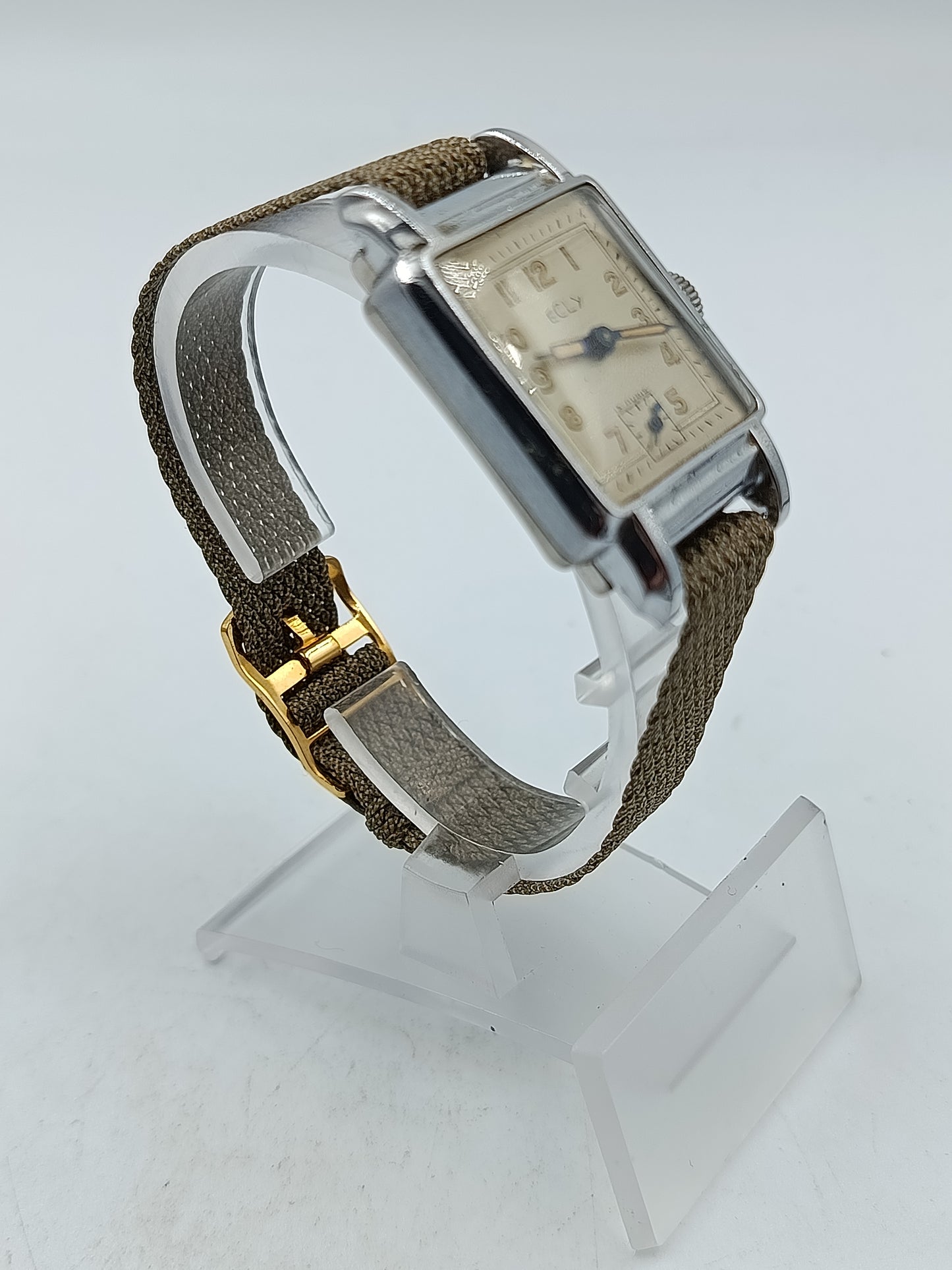 Vintage Damen Armbanduhr Ecly mit eckigem Retro Zifferblatt und Stoffarmband