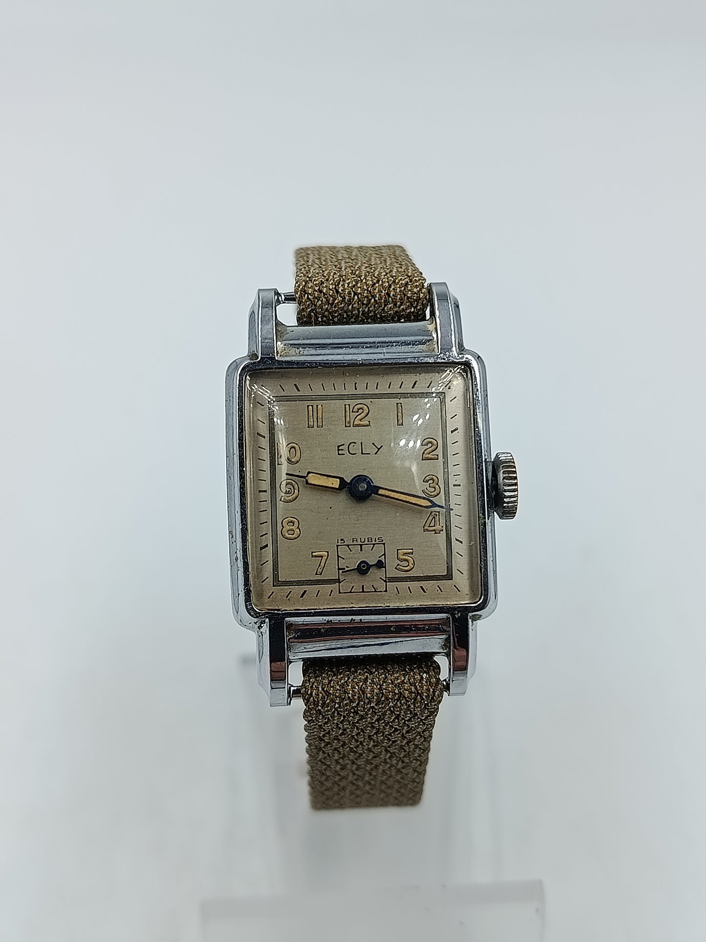 Vintage Damen Armbanduhr Ecly mit eckigem Retro Zifferblatt und Stoffarmband