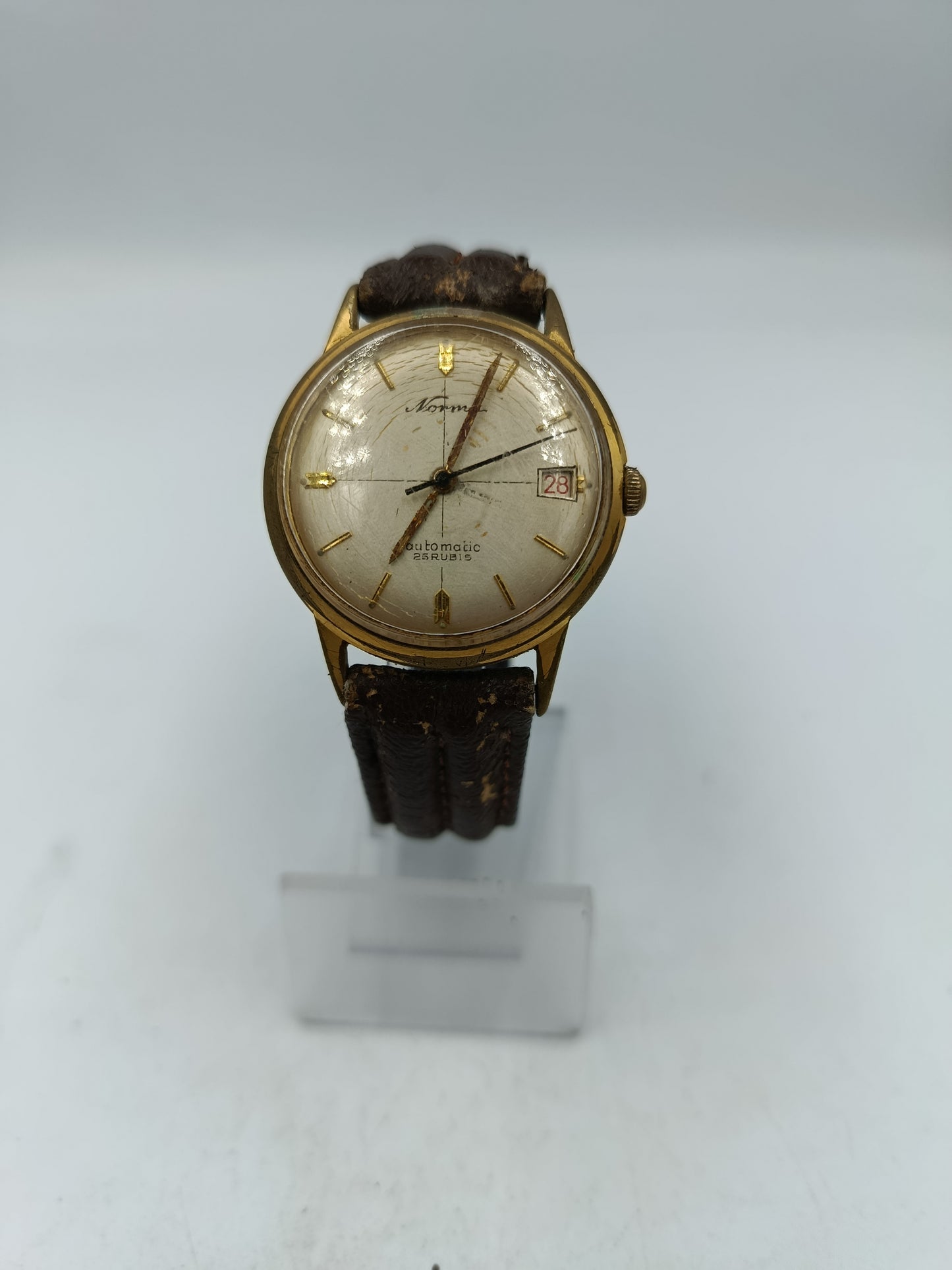 Vintage Automatik Uhr Norm 25 Rubis Herren Armbanduhr Goldton Lederband