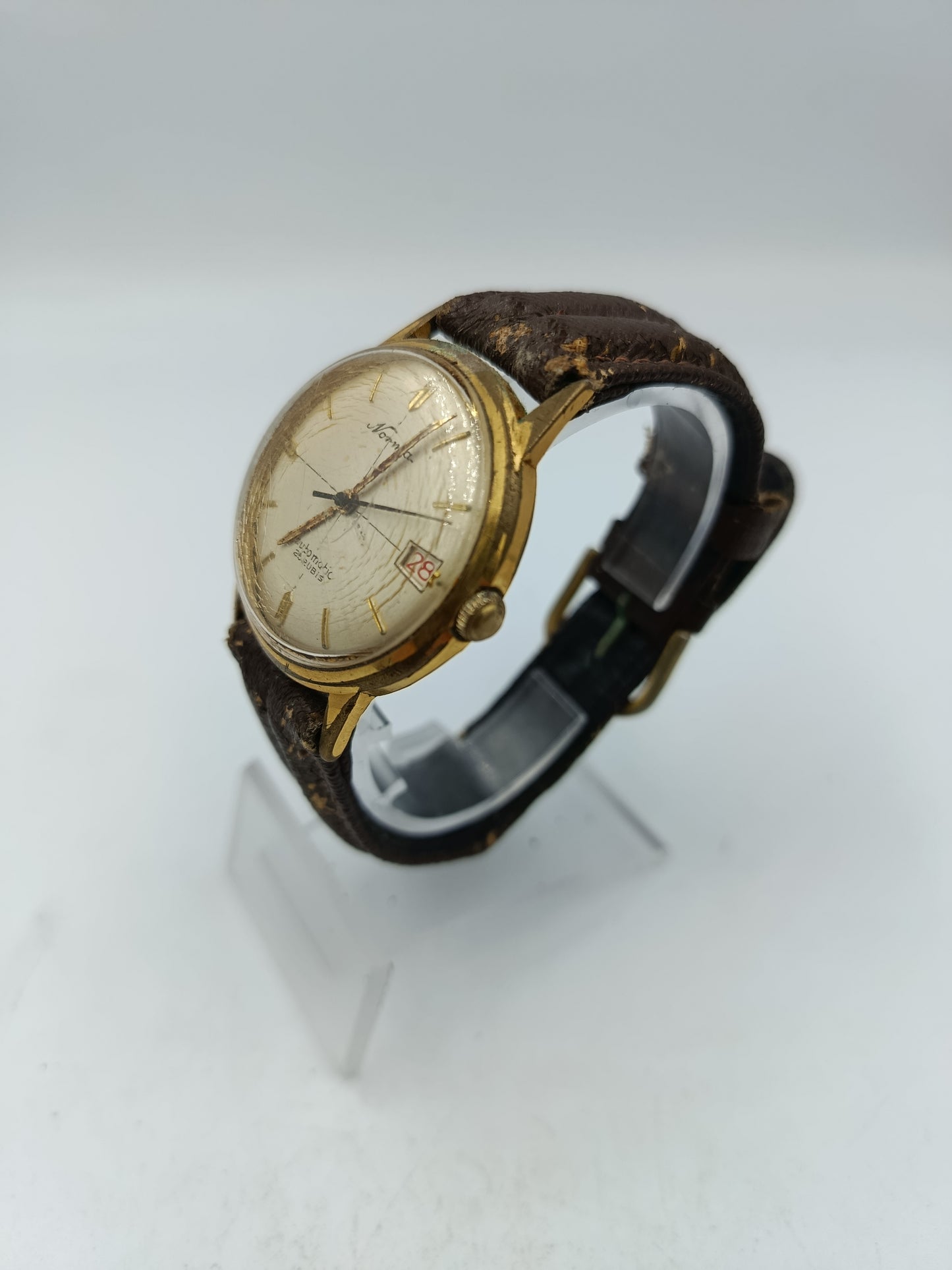 Vintage Automatik Uhr Norm 25 Rubis Herren Armbanduhr Goldton Lederband
