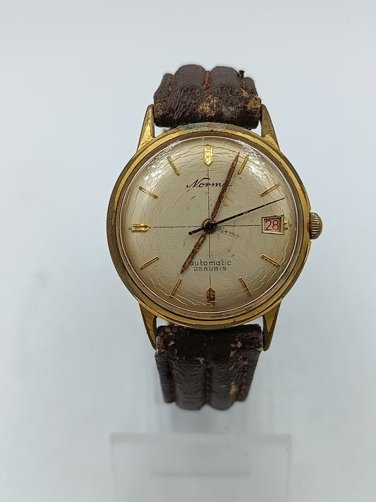 Vintage Automatik Uhr Norm 25 Rubis Herren Armbanduhr Goldton Lederband