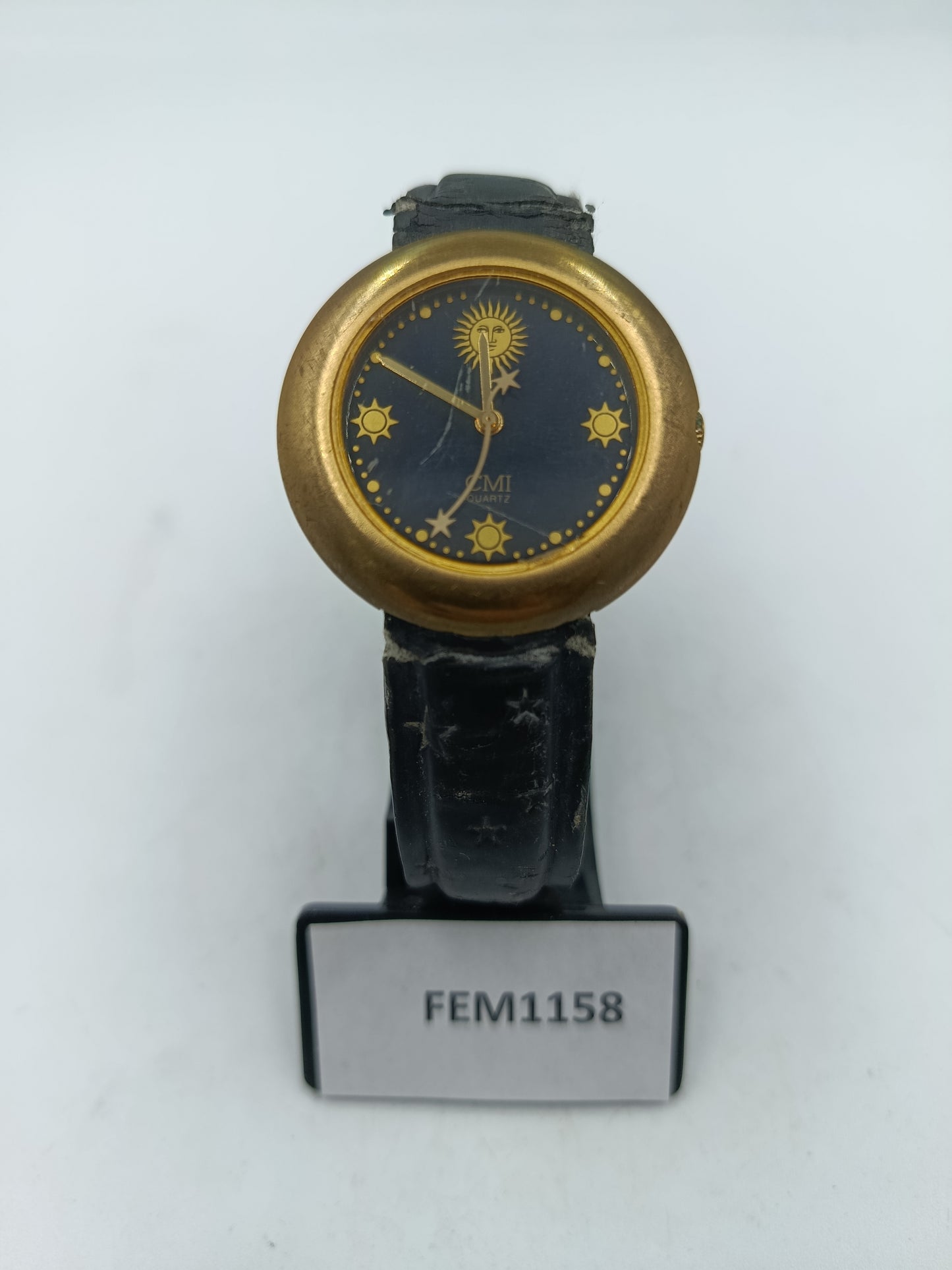 Vintage Damen Uhr CMI Quartz rund Gold Schwarz mit Sternenmotiv Lederarmband