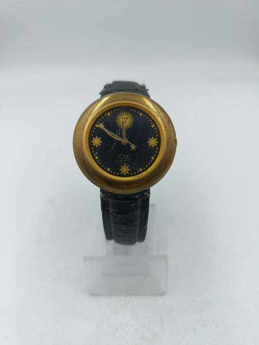Vintage Damen Uhr CMI Quartz rund Gold Schwarz mit Sternenmotiv Lederarmband