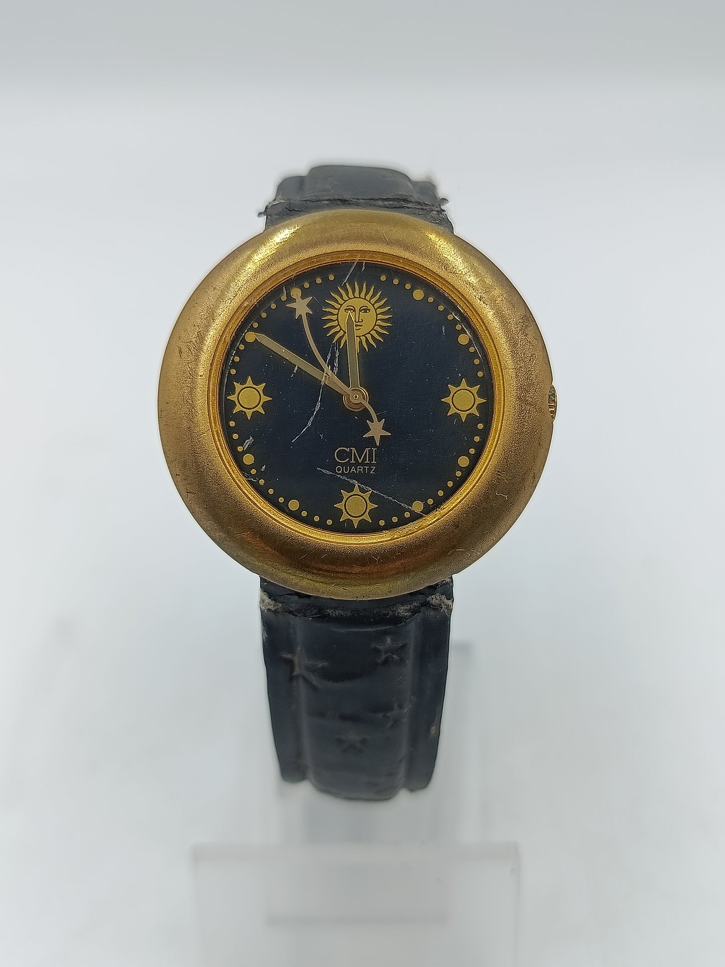Vintage Damen Uhr CMI Quartz rund Gold Schwarz mit Sternenmotiv Lederarmband