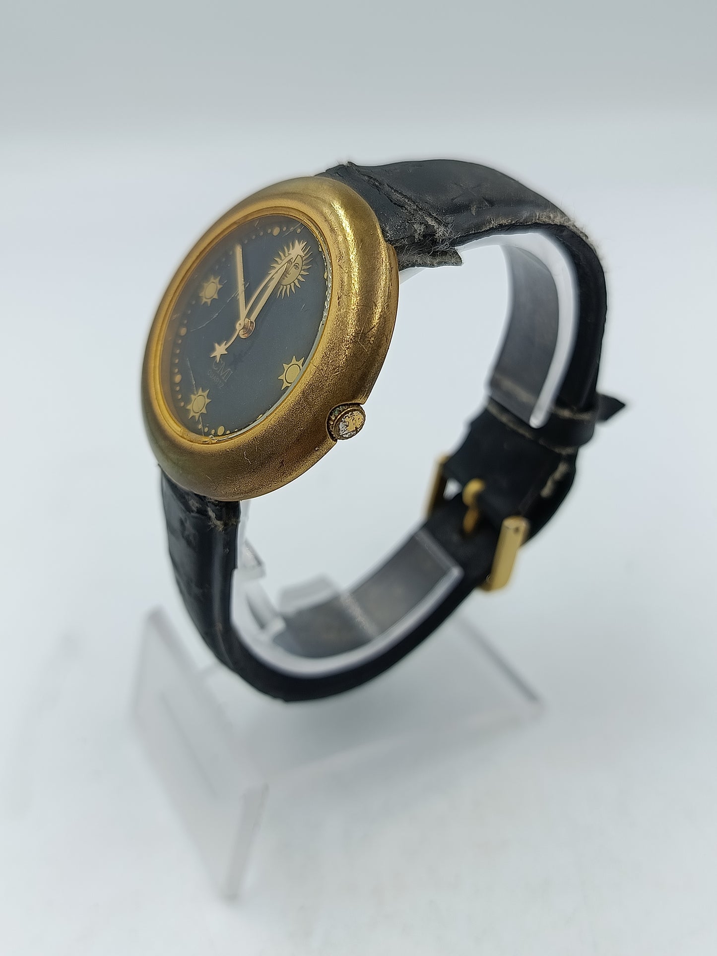 Vintage Damen Uhr CMI Quartz rund Gold Schwarz mit Sternenmotiv Lederarmband