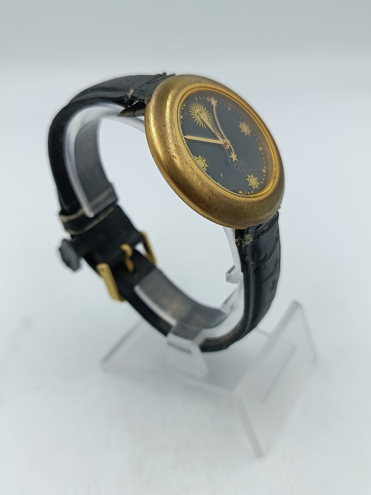 Vintage Damen Uhr CMI Quartz rund Gold Schwarz mit Sternenmotiv Lederarmband