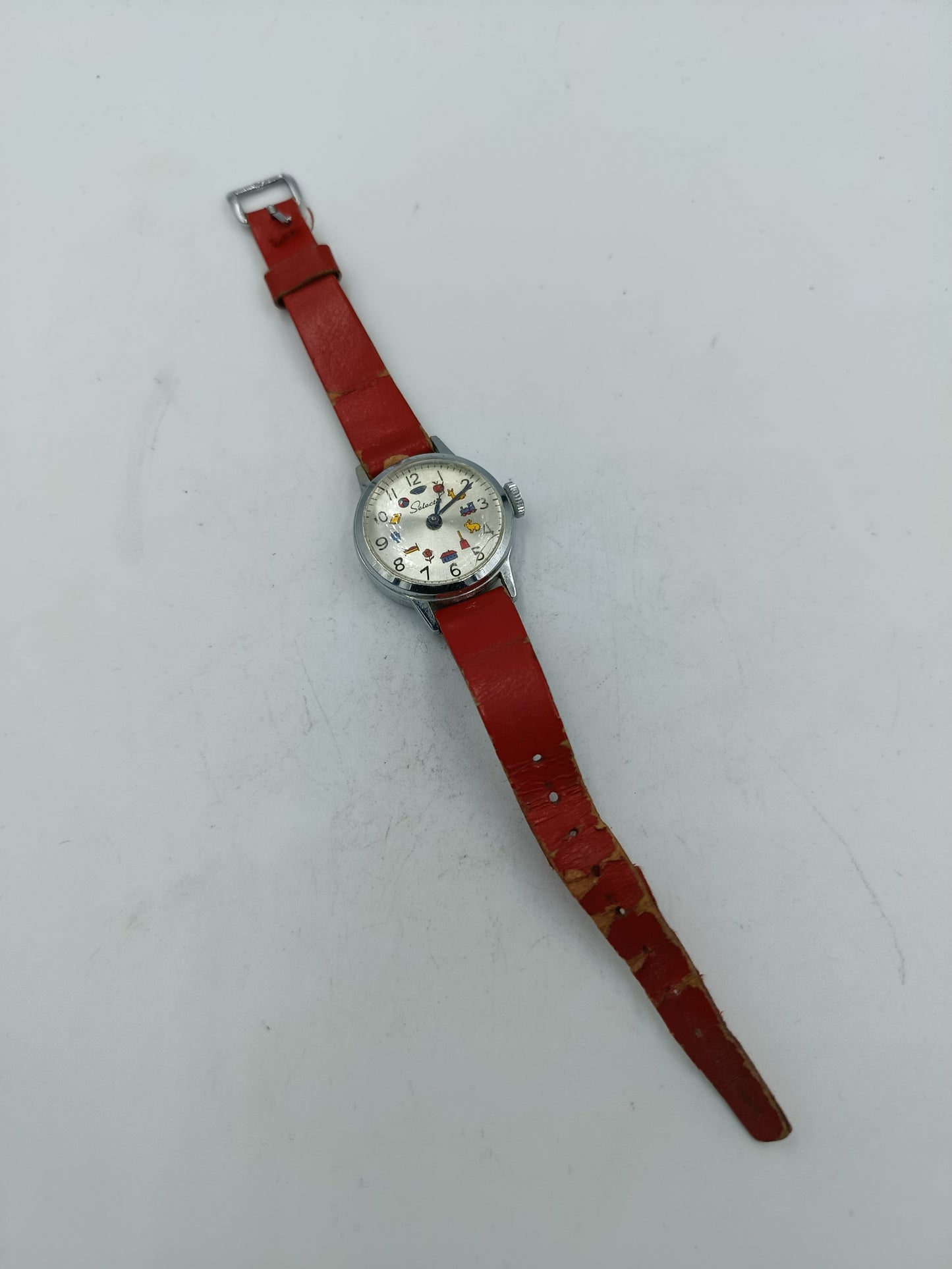 Vintage Kinderuhr Select mit rotem Lederarmband  charmante Retro-Armbanduhr
