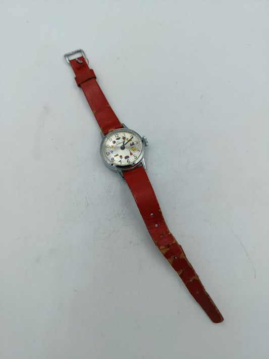 Vintage Kinderuhr Select mit rotem Lederarmband  charmante Retro-Armbanduhr