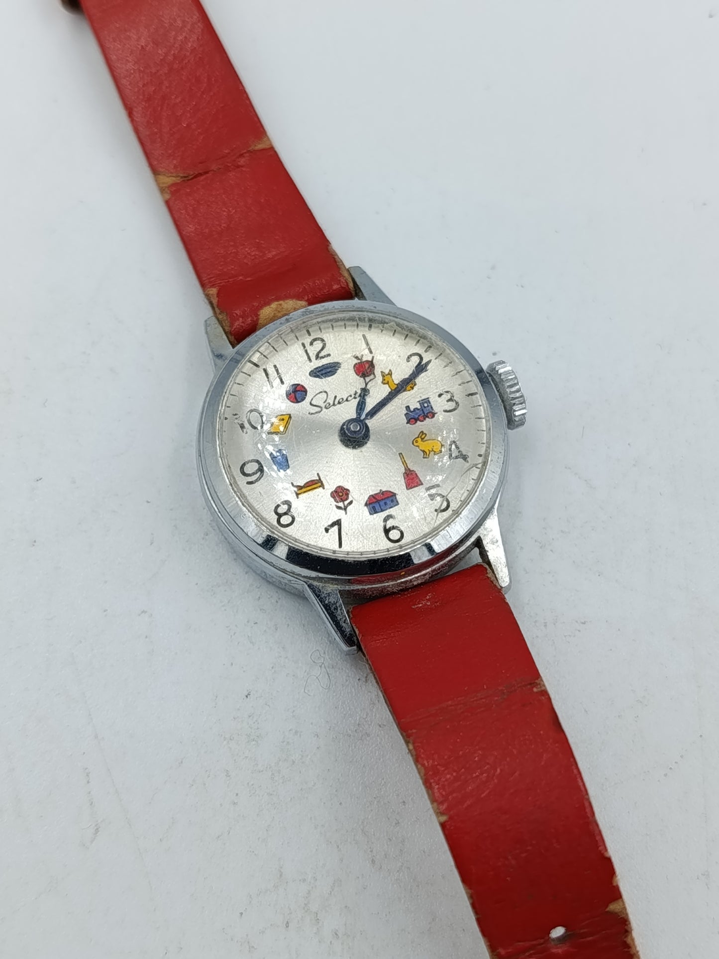 Vintage Kinderuhr Select mit rotem Lederarmband  charmante Retro-Armbanduhr