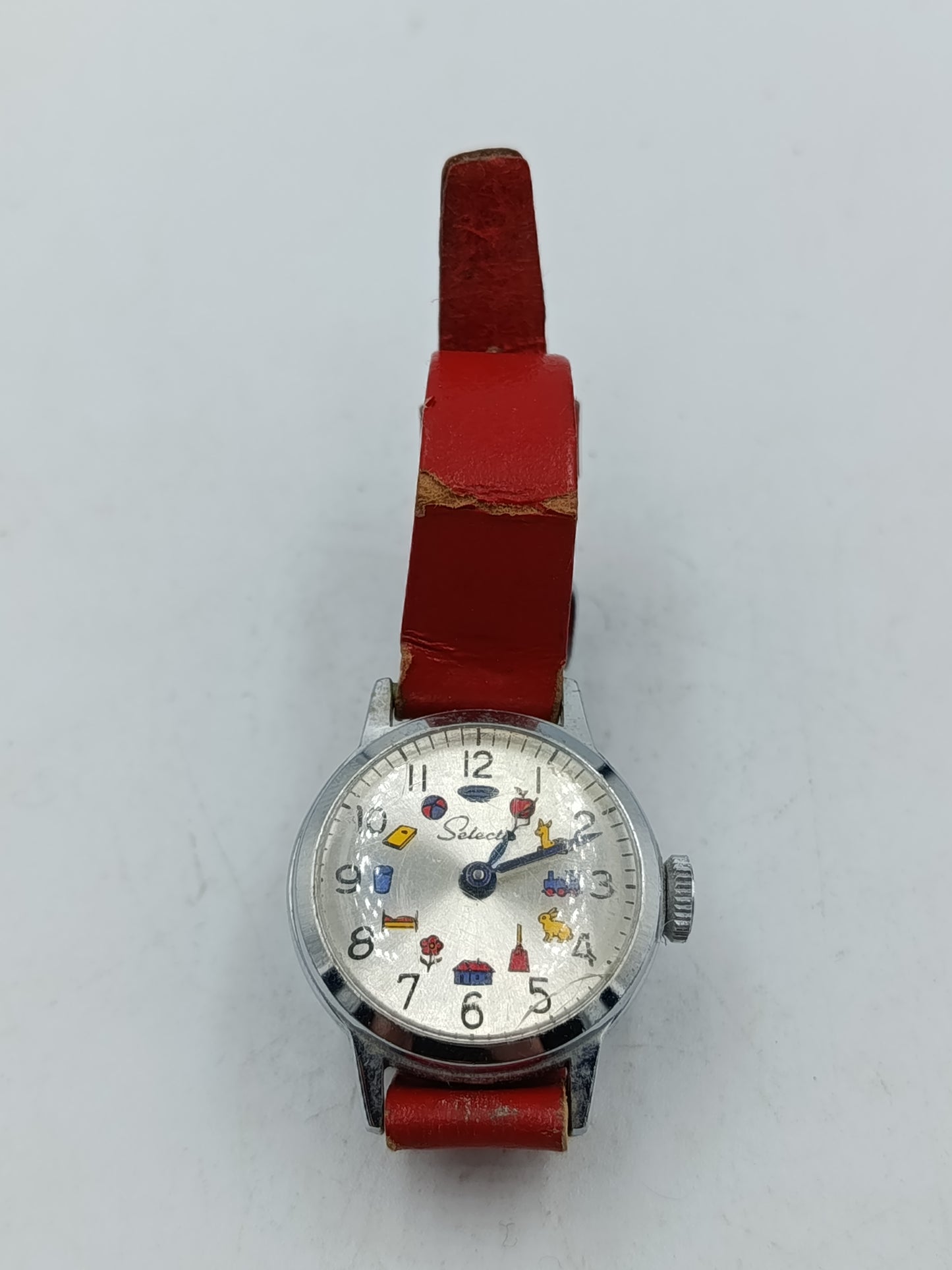Vintage Kinderuhr Select mit rotem Lederarmband  charmante Retro-Armbanduhr