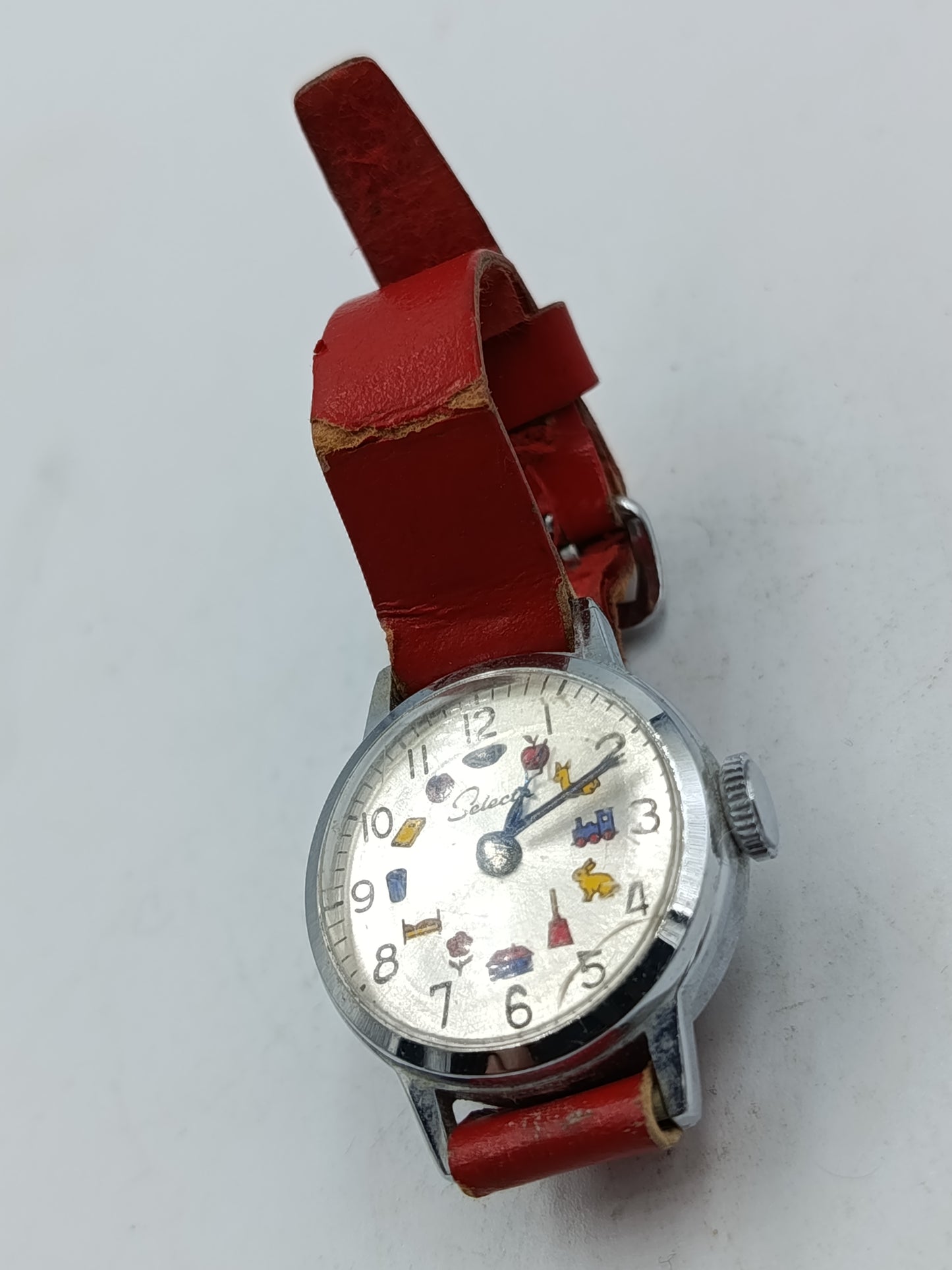 Vintage Kinderuhr Select mit rotem Lederarmband  charmante Retro-Armbanduhr