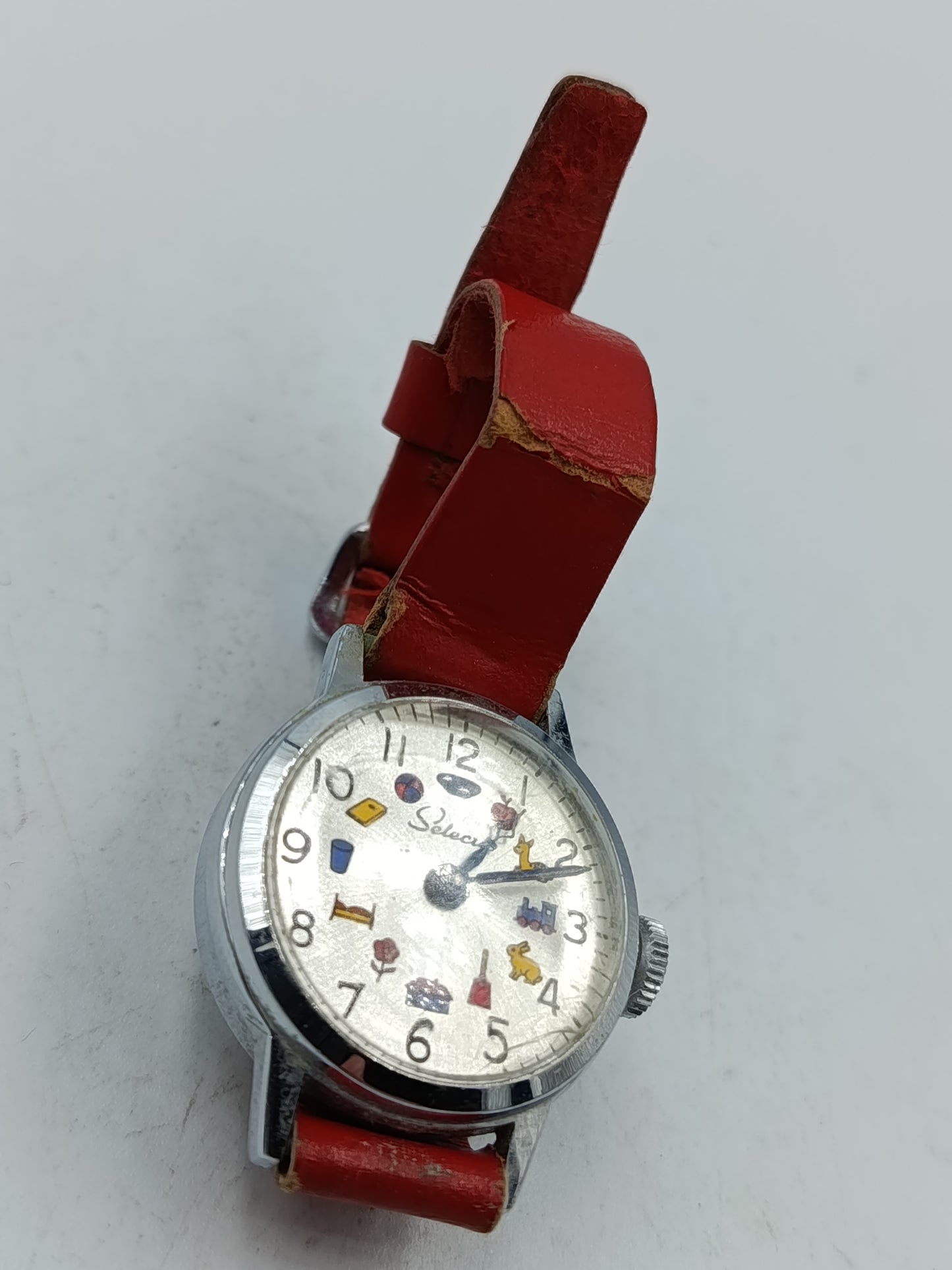 Vintage Kinderuhr Select mit rotem Lederarmband  charmante Retro-Armbanduhr