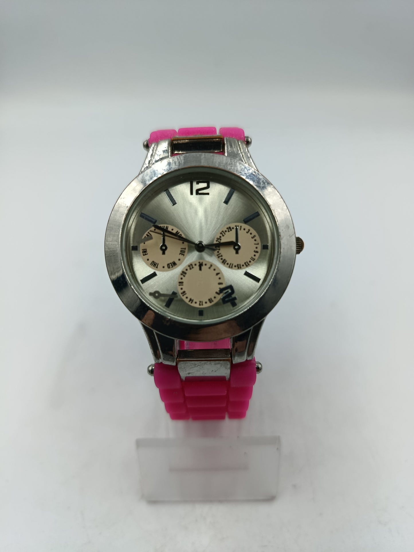 Moderne Damen Uhr Silber Pink modernes Zifferblatt pinkes Silikonarmband