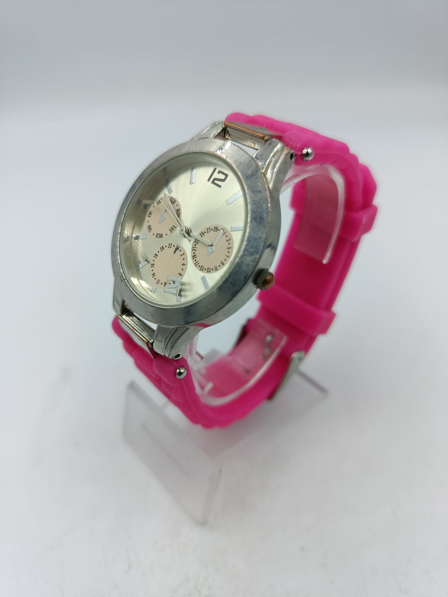 Moderne Damen Uhr Silber Pink modernes Zifferblatt pinkes Silikonarmband