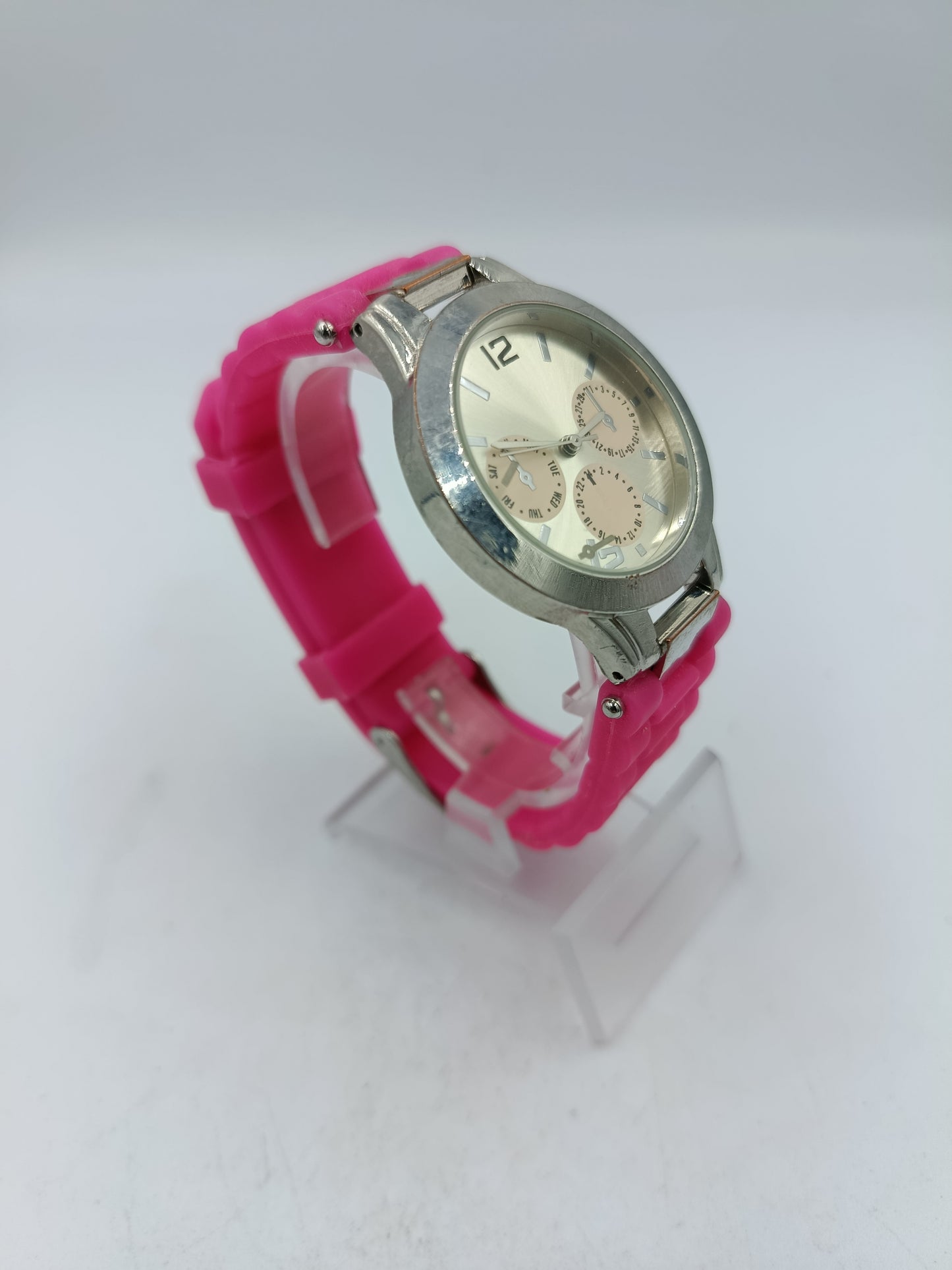 Moderne Damen Uhr Silber Pink modernes Zifferblatt pinkes Silikonarmband