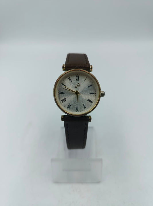 Owim Damen Quarzuhr mit braunem Lederband und goldenem Gehäuse