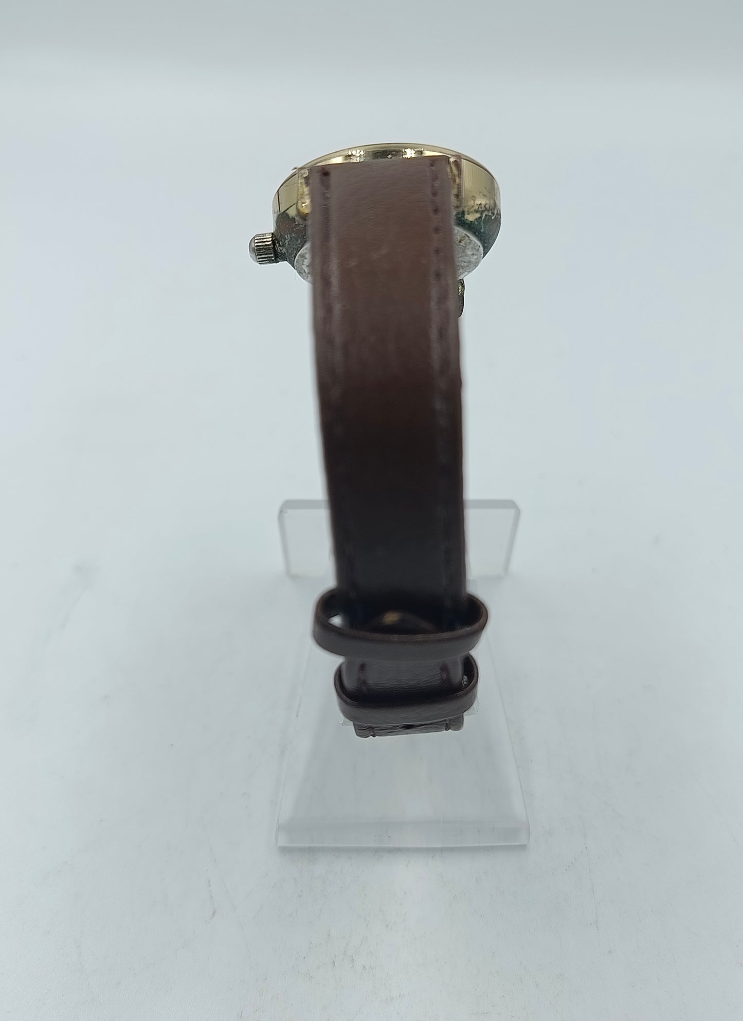 Owim Damen Quarzuhr mit braunem Lederband und goldenem Gehäuse