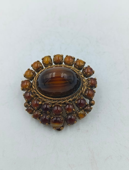Vintage Brosche mit braunen Cabochons und gedrehter Kordel