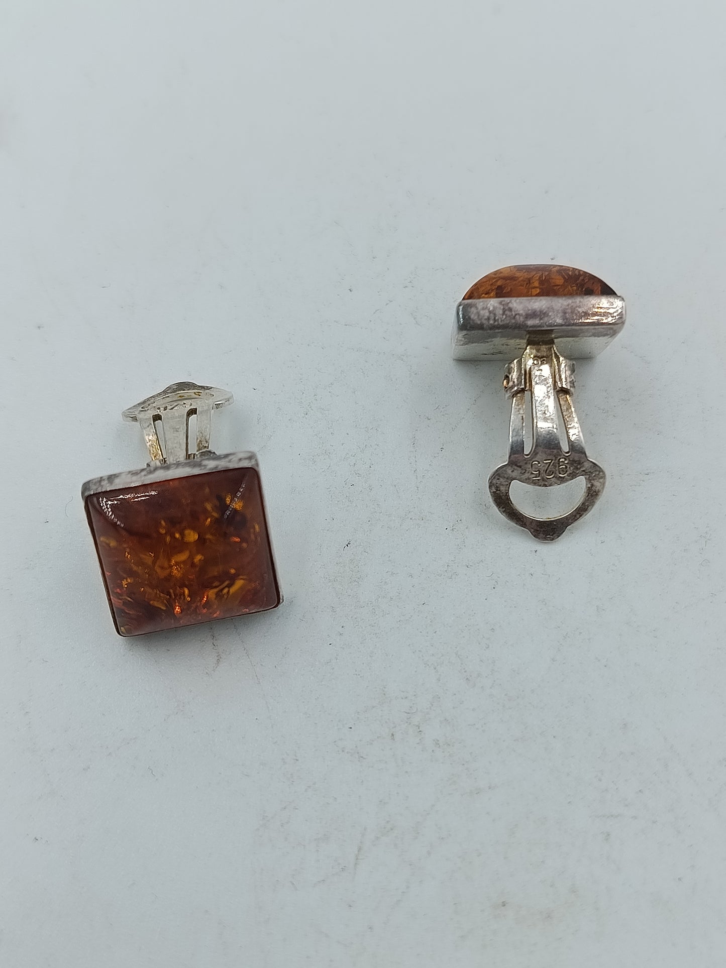 Quadratische Bernstein Ohrclips 925er Silber Naturstein Unikat