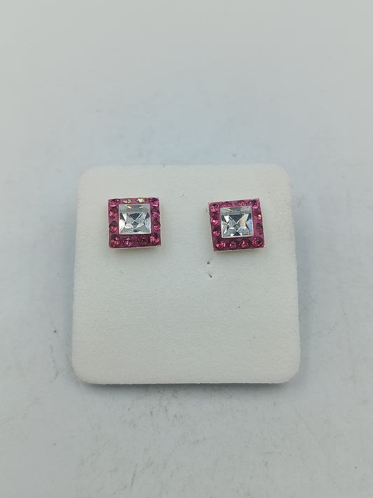 Glamouröse Ohrstecker quadratisch pinke Kristalle weisser Stein