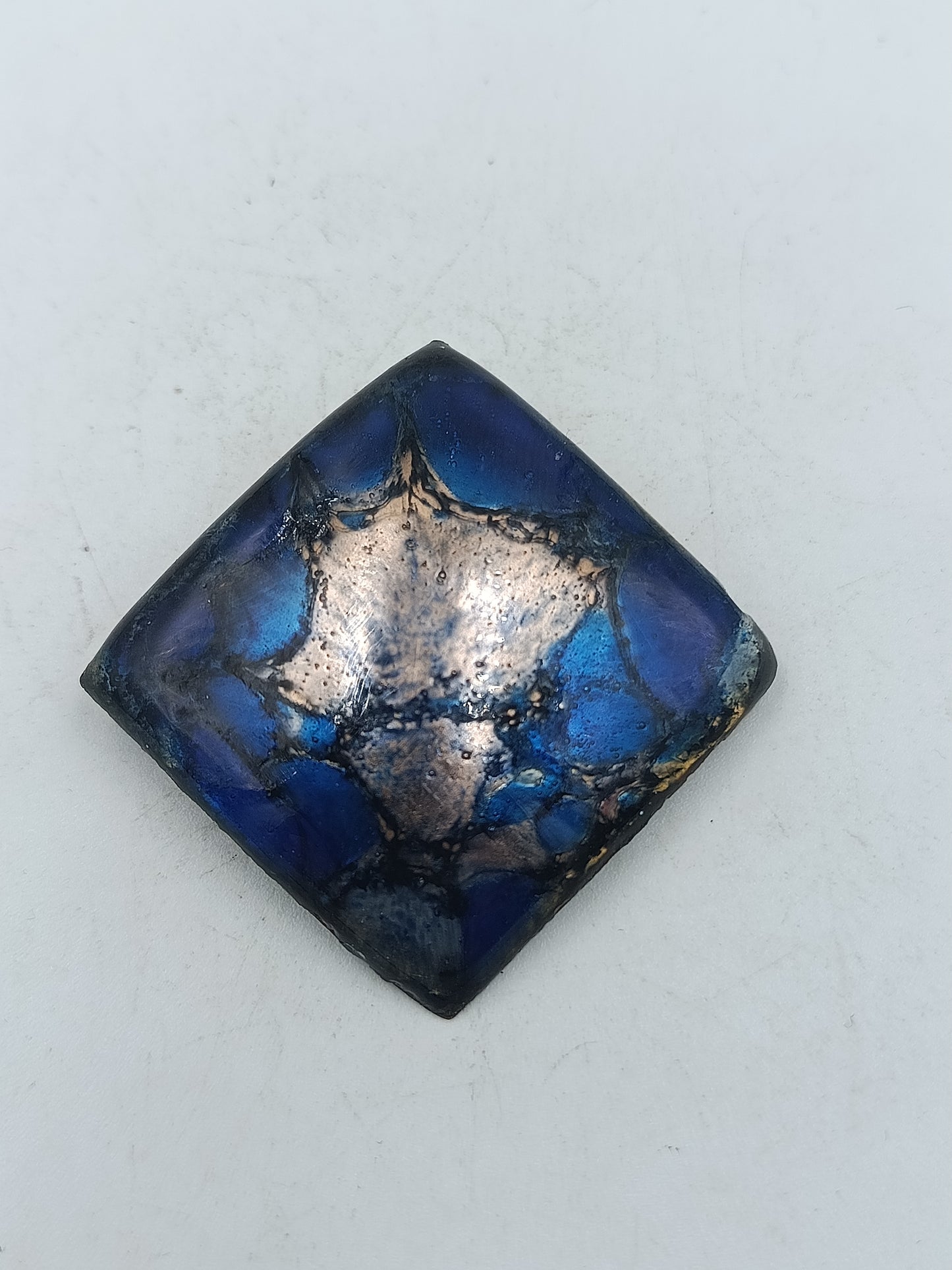 Quadratische Vintage Brosche blau kupferfarben Emaille Raku Stil